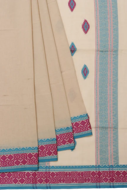 Plain Beige Bengal Cotton Saree with Sea Blue Border