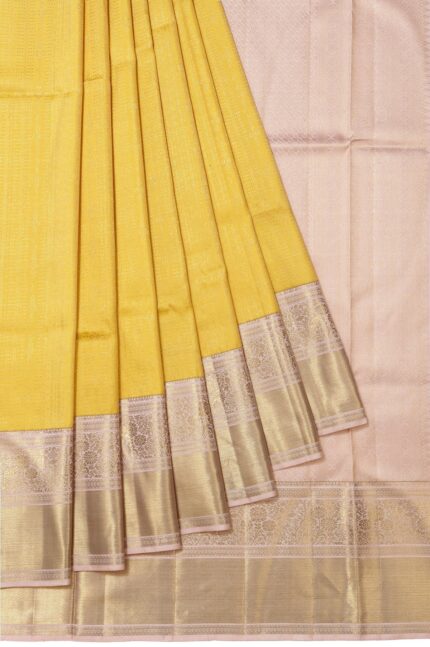 Yellow Kanchipuram Silk Saree with Onion Pink Zari