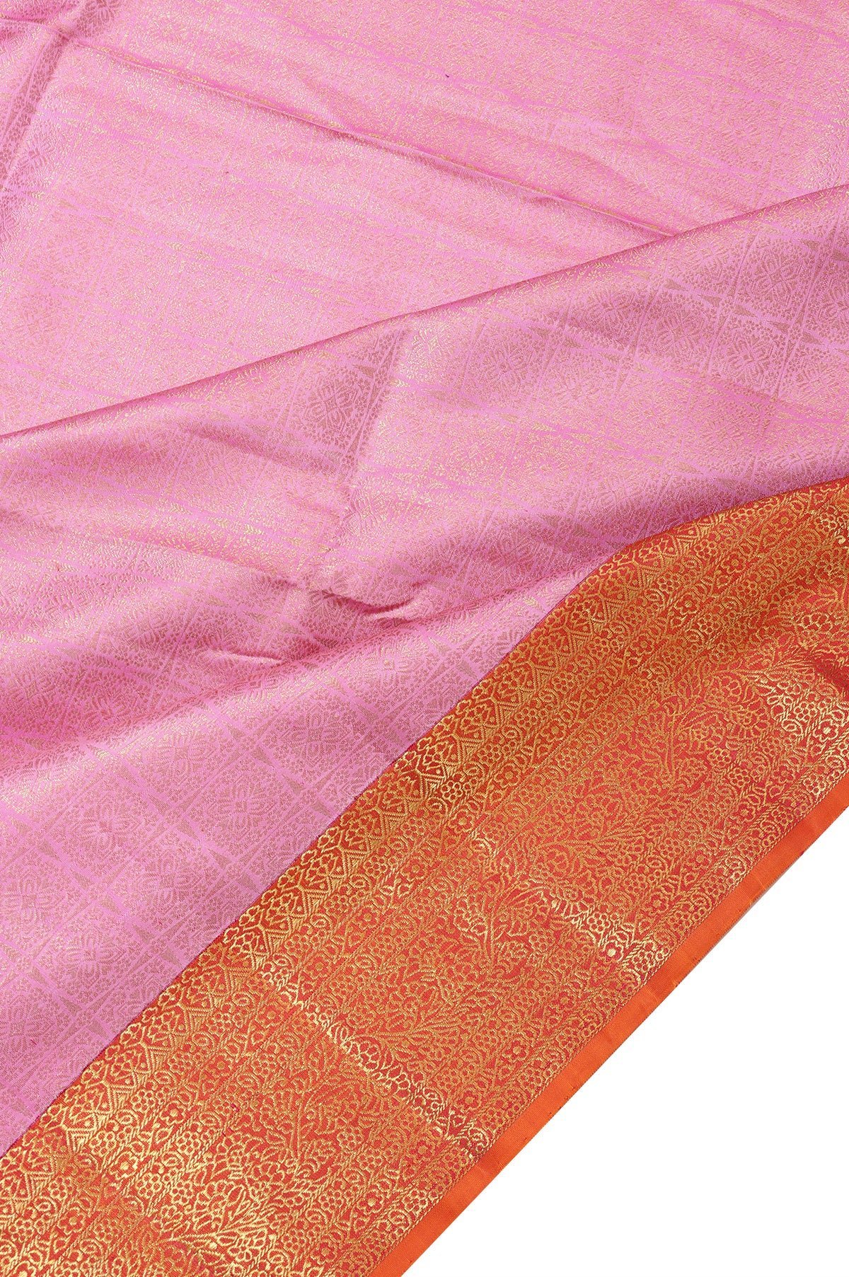 Pink Kanchipuram Silk Saree with Bright Orange Border - Image 3