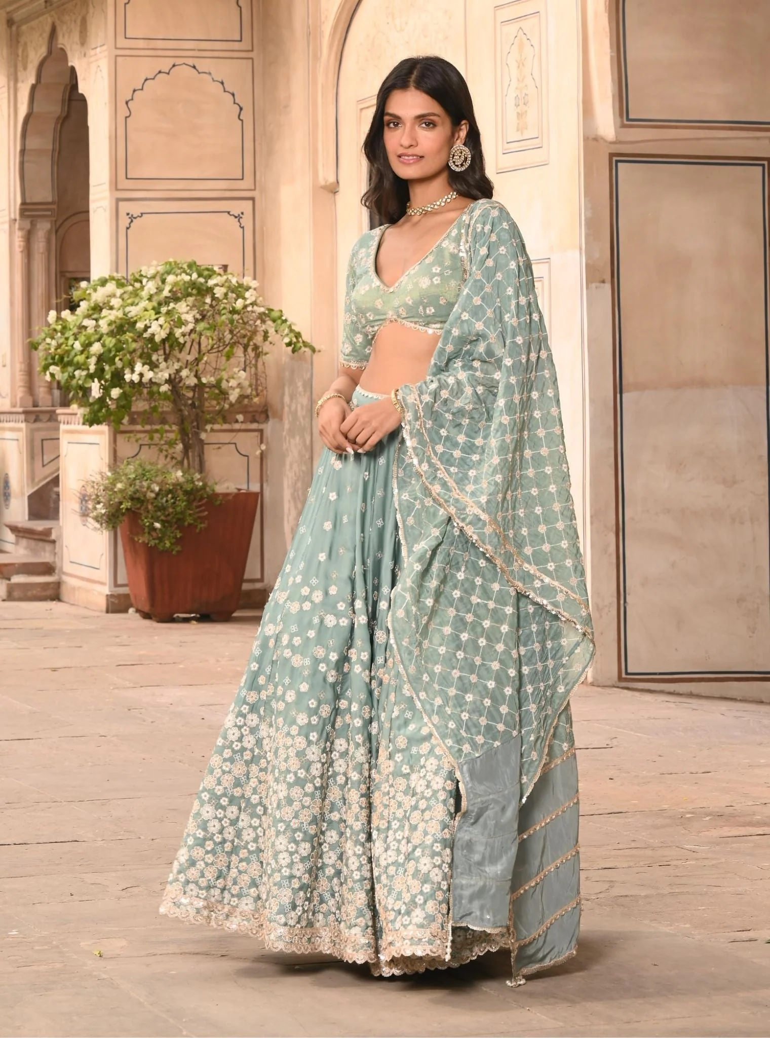 Baliye Organza Satin Teal Blue Lehenga - Image 4