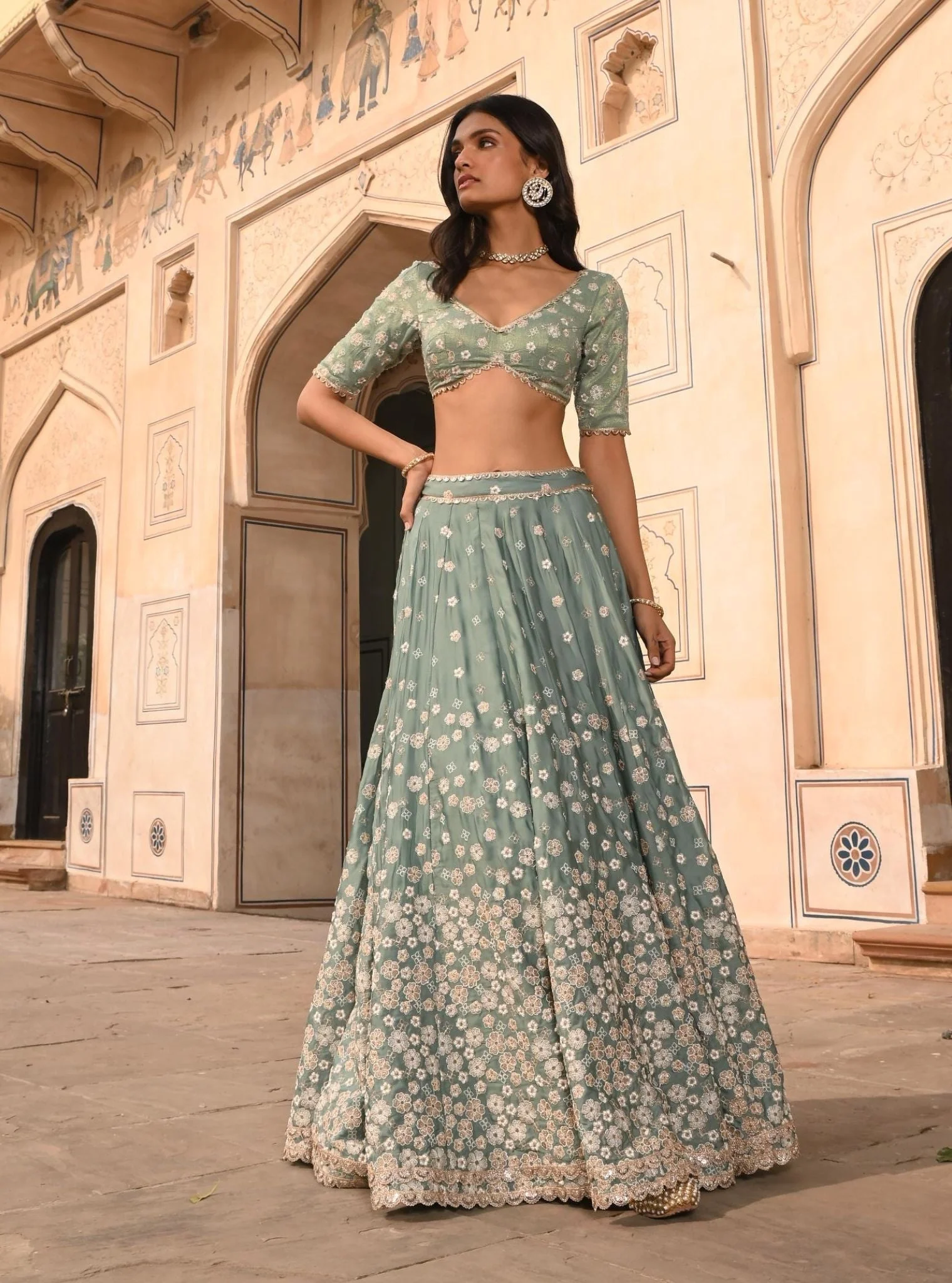 Baliye Organza Satin Teal Blue Lehenga