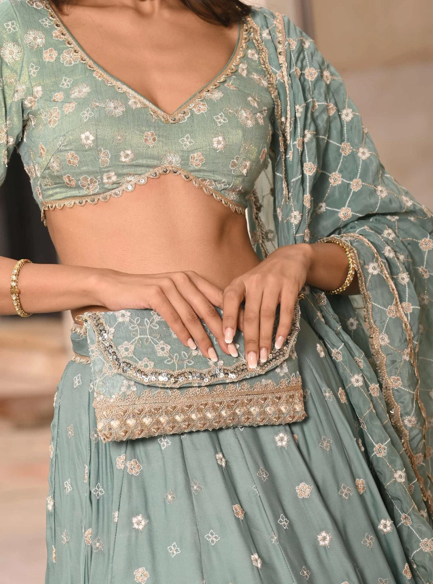 Baliye Organza Satin Teal Blue Lehenga - Image 7