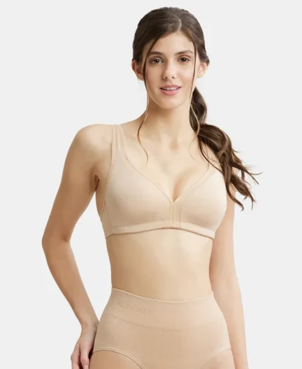 Wire free Non Padded Soft Touch Microfiber Elastane Stretch Full Coverage Everyday Bra with Stylized Mesh Panel