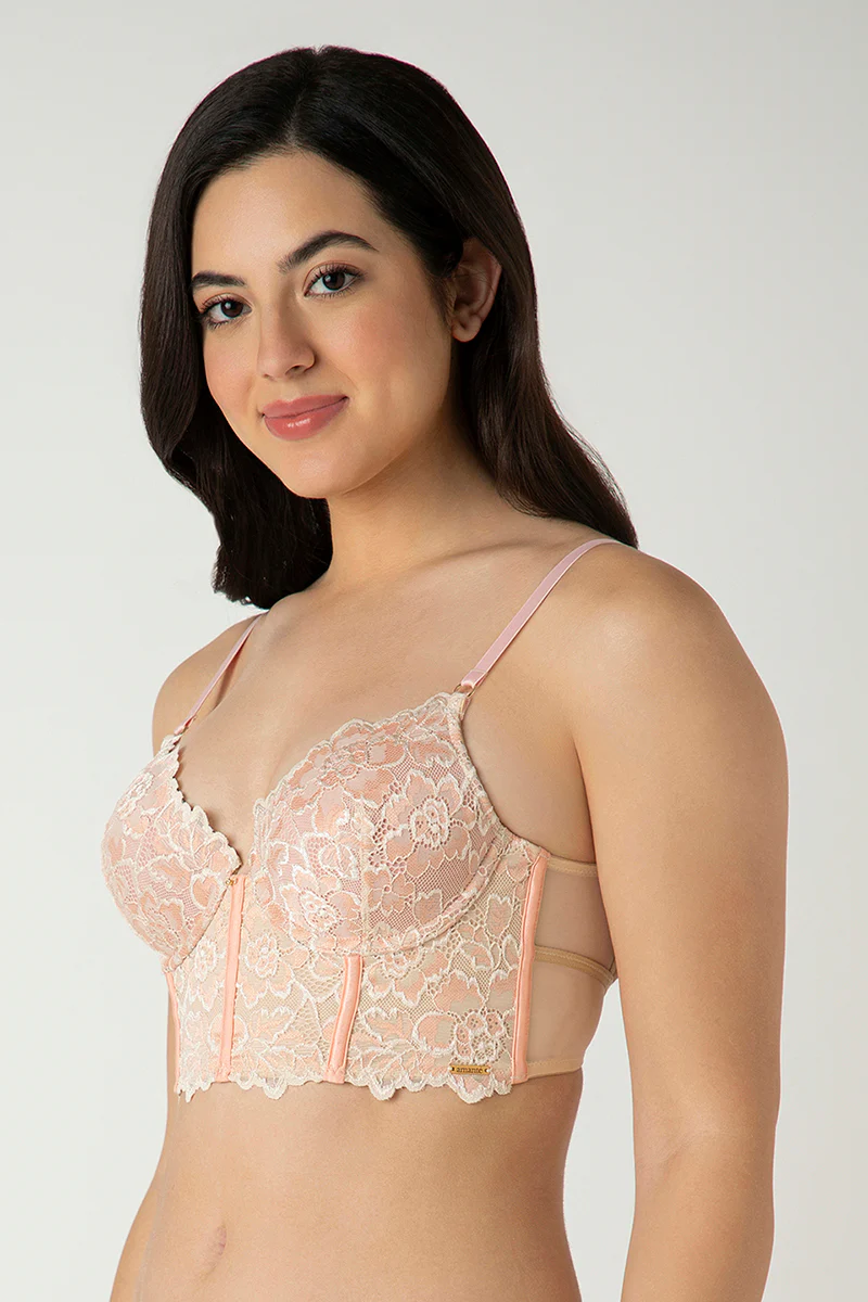 DUSTY PINK Femme Lace Padded Non-Wired Longline Bra - Image 3
