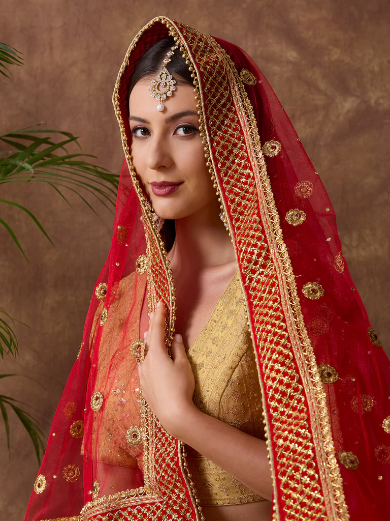 Embroidered Red Bridal & Wedding Wear Net Dupatta - Image 2