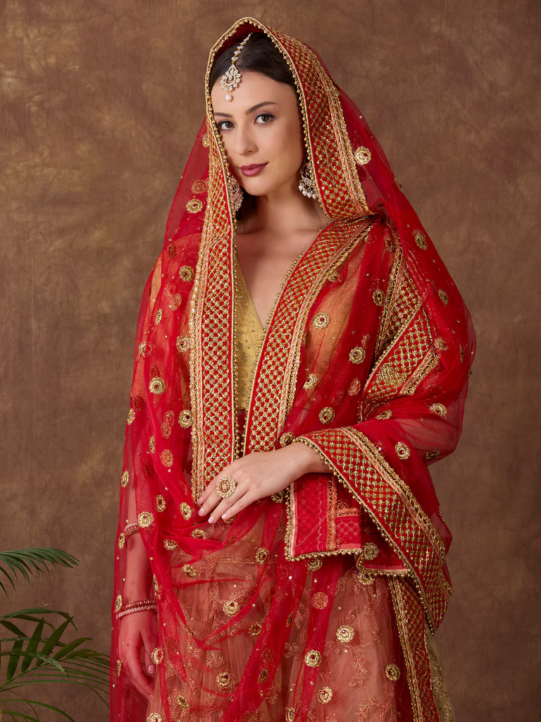 Embroidered Red Bridal & Wedding Wear Net Dupatta - Image 4