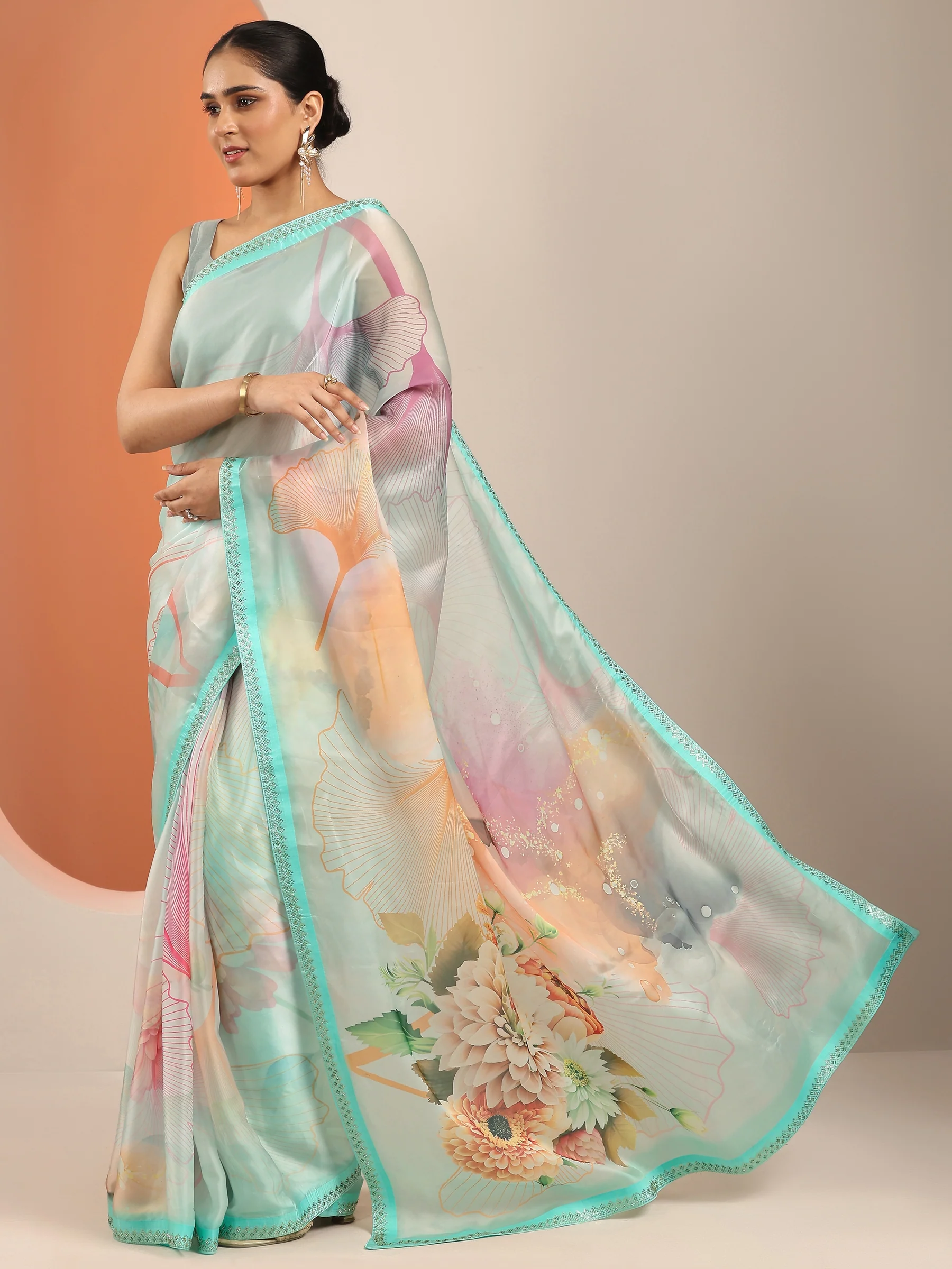 Multi Printed Organza Saree With Unstitched Blouse Piece - Image 3