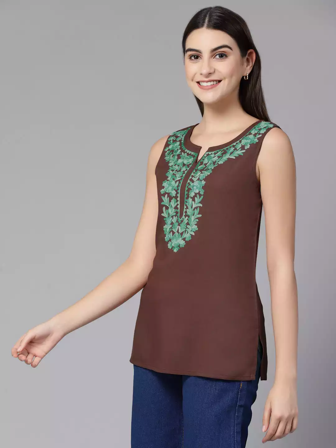 Amaira Brown Sleeveless Short Kurti - Image 2