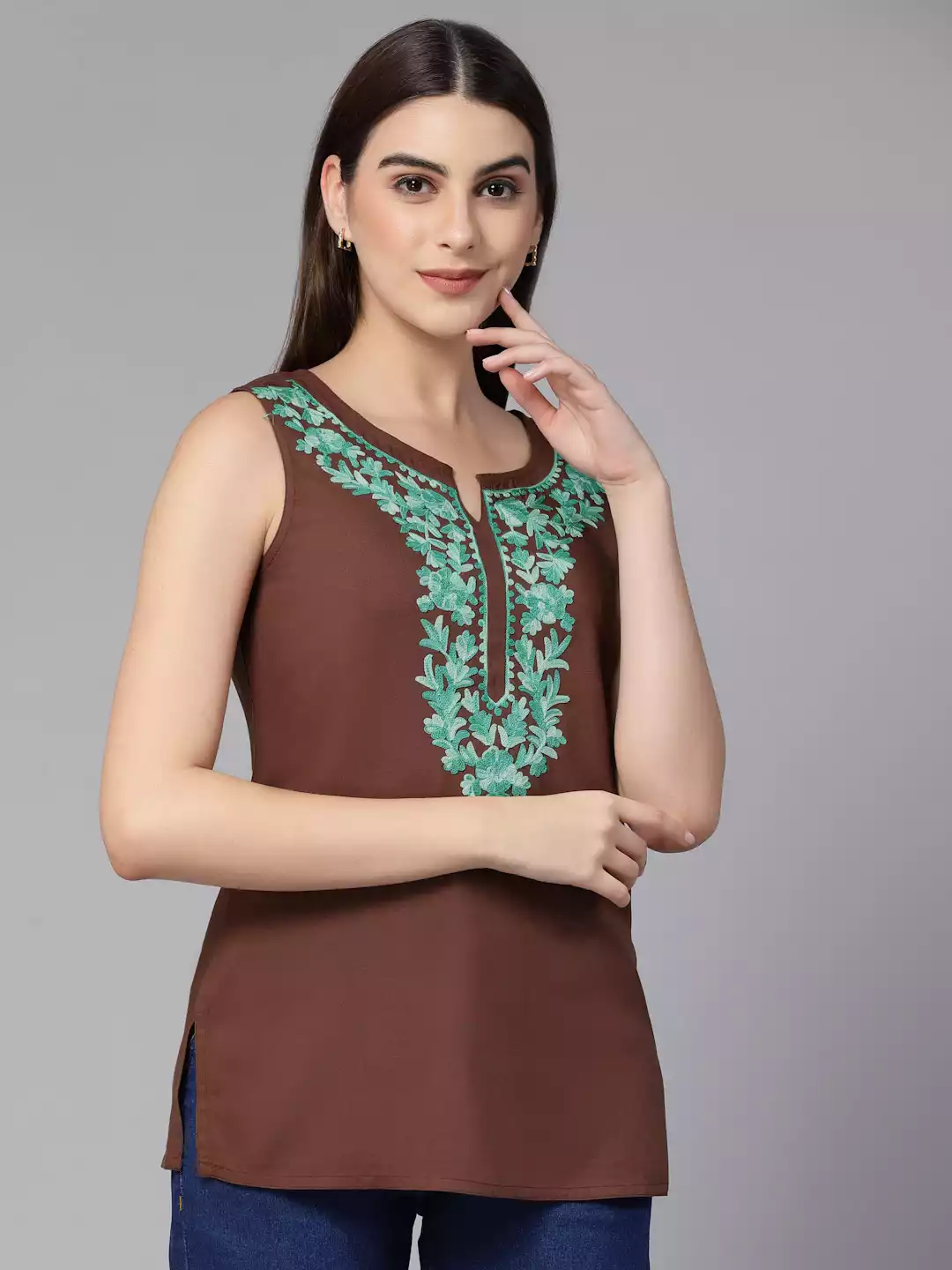 Amaira Brown Sleeveless Short Kurti - Image 3