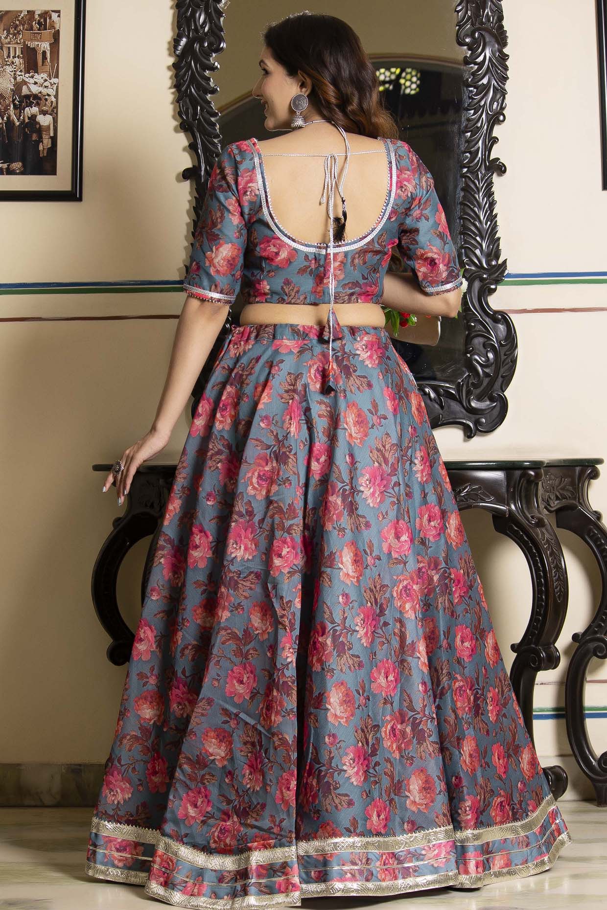 Grey Chanderi Floral Printed Flared Lehenga Set - Image 3