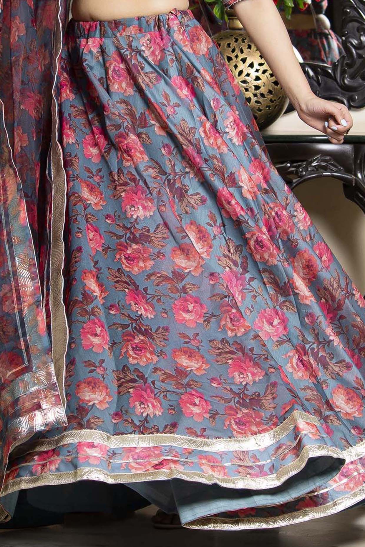 Grey Chanderi Floral Printed Flared Lehenga Set - Image 4