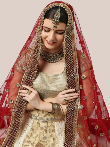 Embroidered Maroon Bridal & Wedding Wear Net Dupatta