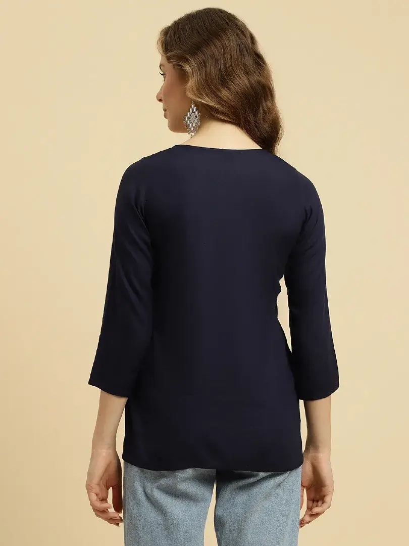 Blue Kashmiri Silk Work Short Kurti - Image 3