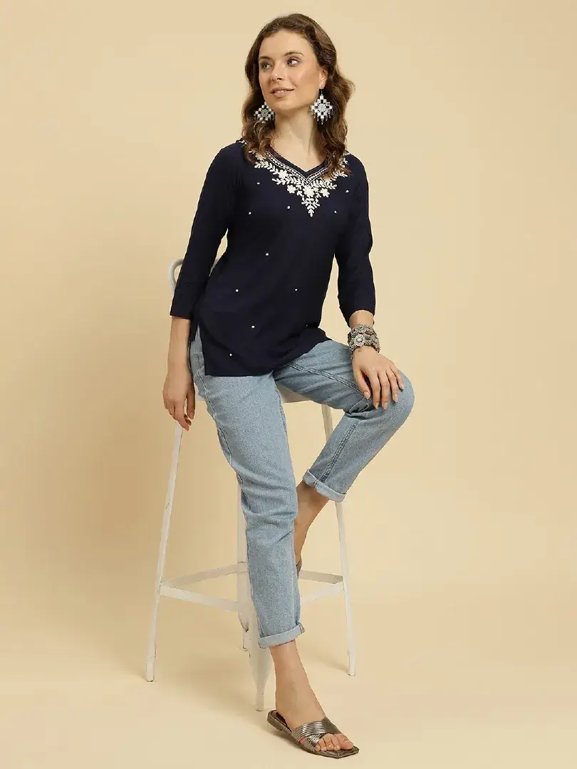 Blue Kashmiri Silk Work Short Kurti - Image 6