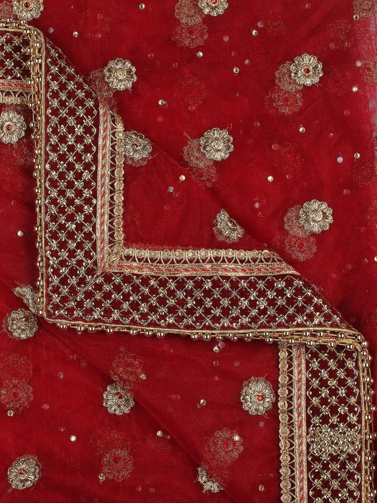 Embroidered Maroon Bridal & Wedding Wear Net Dupatta - Image 6