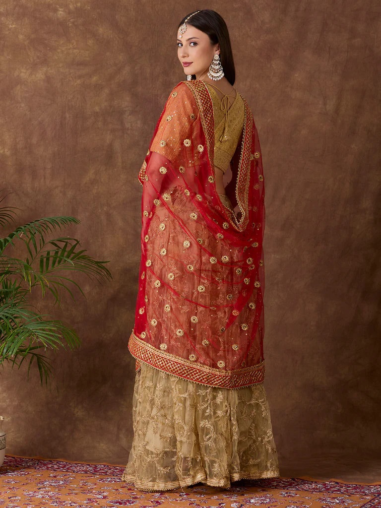 Embroidered Red Bridal & Wedding Wear Net Dupatta - Image 5
