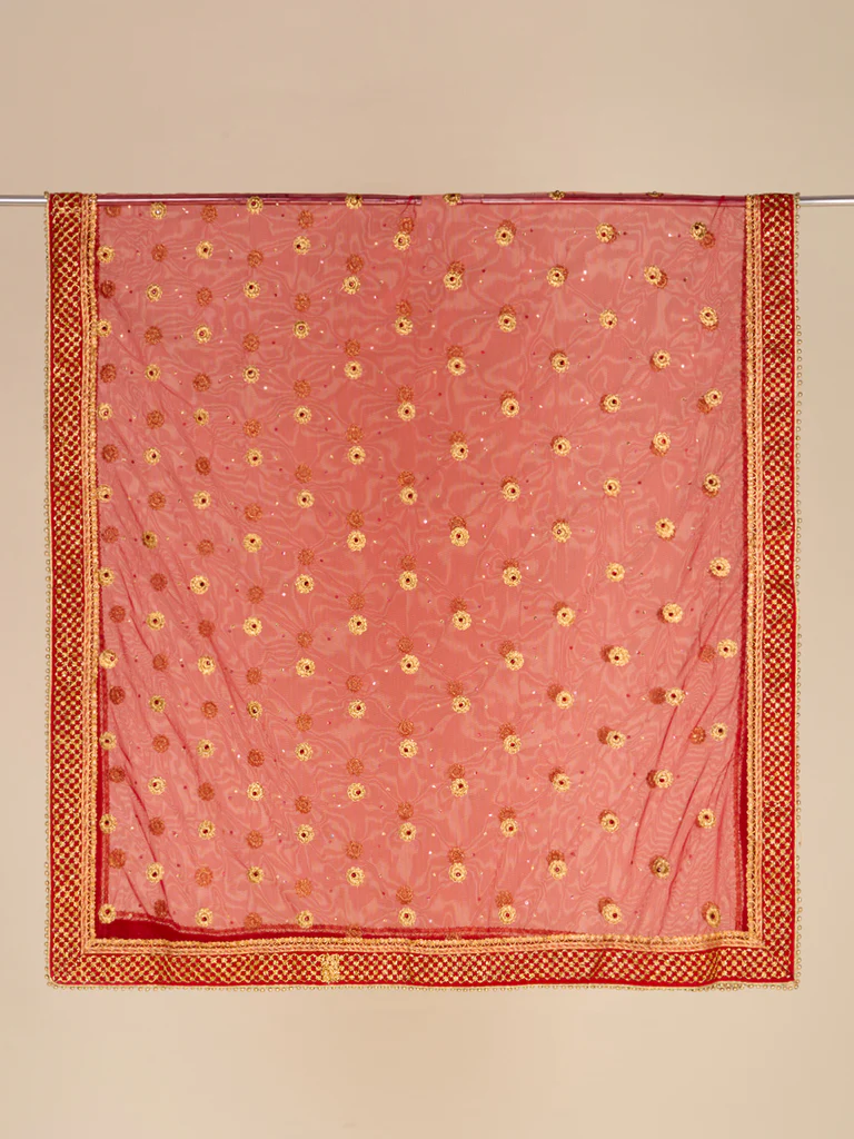 Embroidered Red Bridal & Wedding Wear Net Dupatta - Image 6