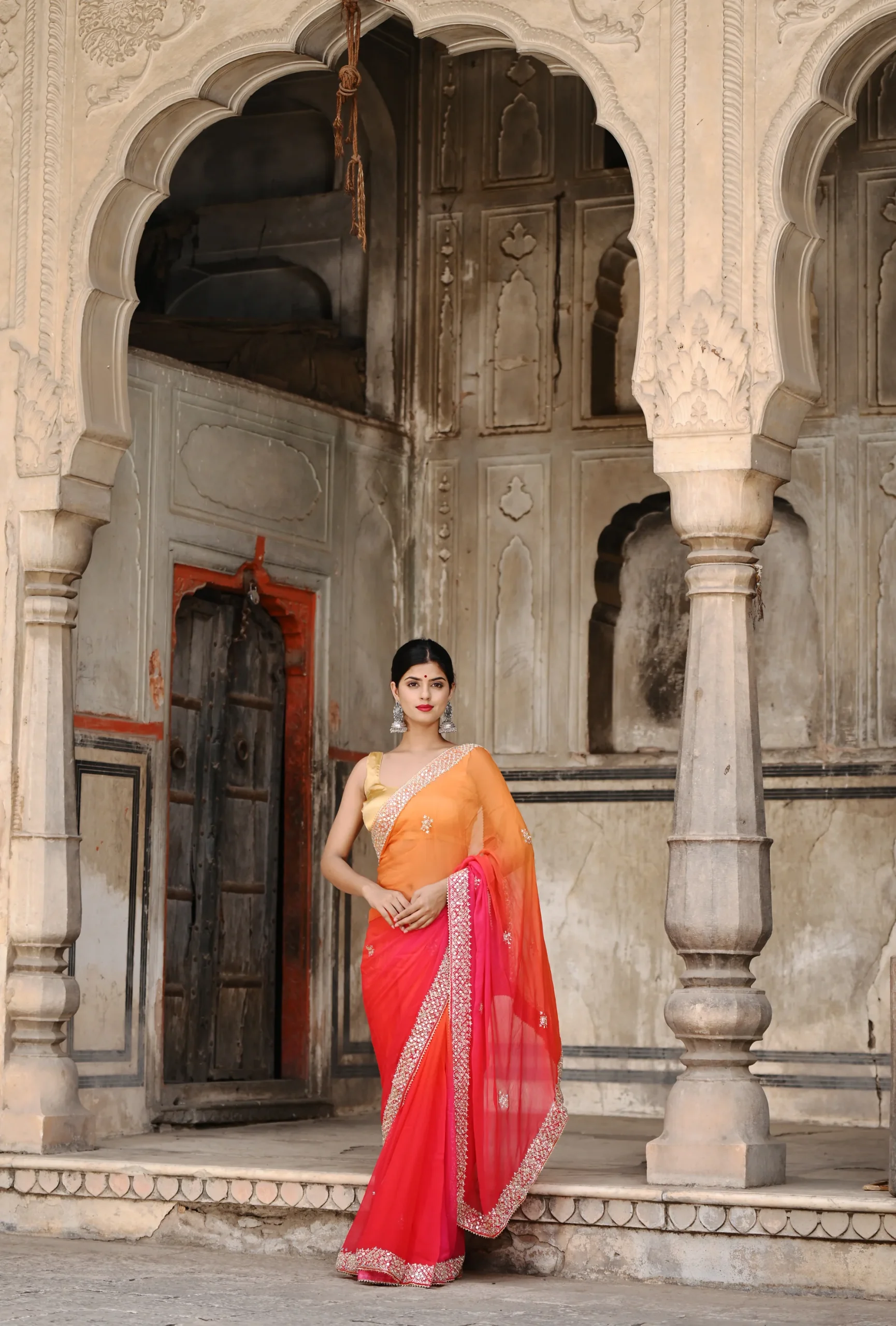 Orange Multiheaded Beauty Pageant Chiffon Saree - Image 2