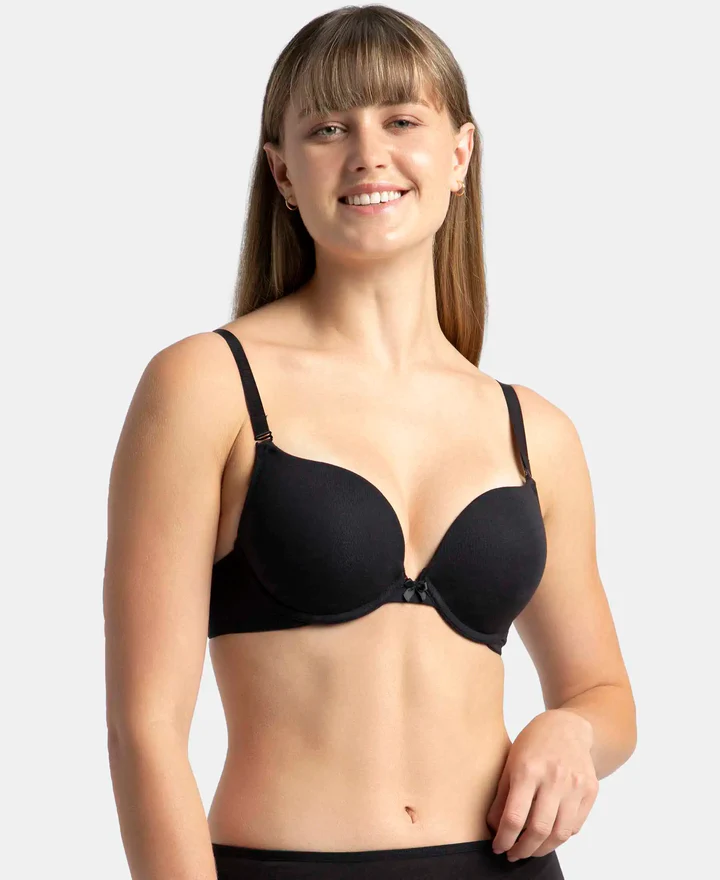 Padded Wired Super Combed Cotton Elastane Stretch Medium Coverage Pushup Bra with Plunge Neck - Image 2