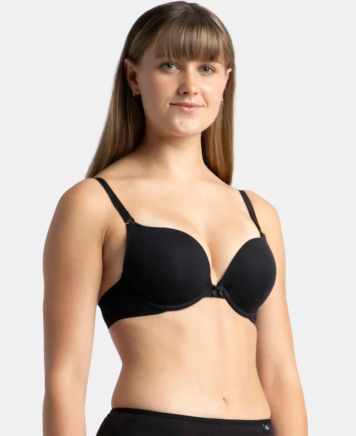 Padded Wired Super Combed Cotton Elastane Stretch Medium Coverage Pushup Bra with Plunge Neck - Image 3