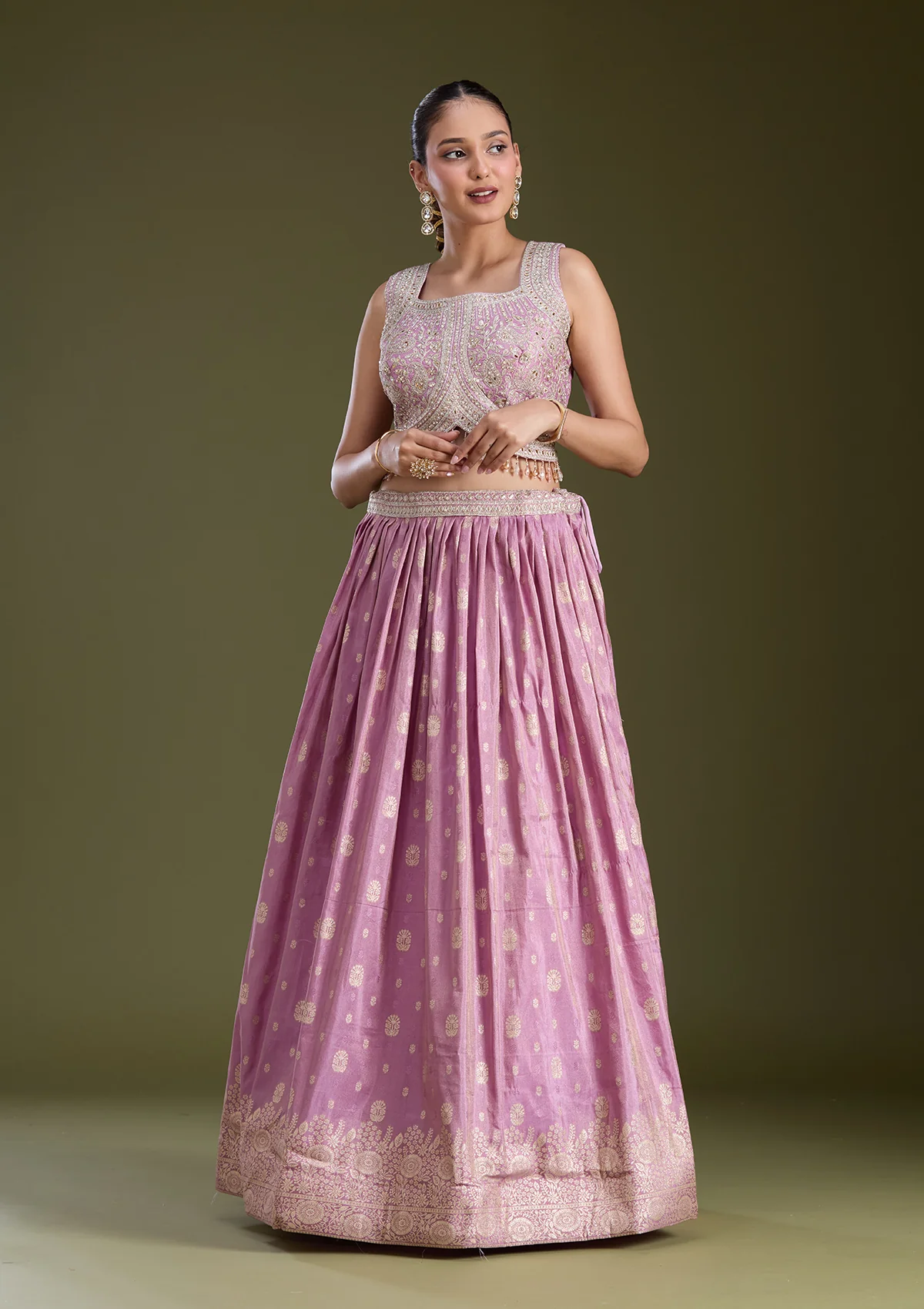 Lavender Sequins Banarasi Readymade Lehenga - Image 4