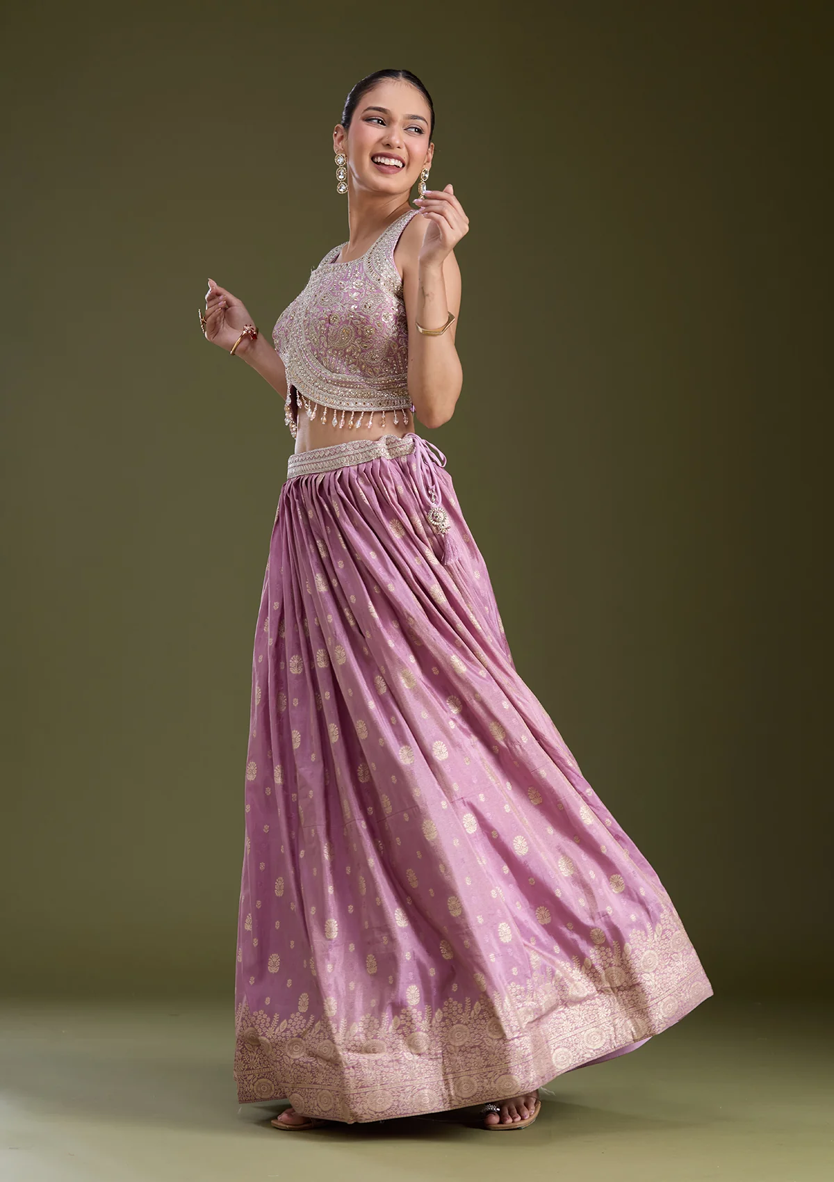 Lavender Sequins Banarasi Readymade Lehenga - Image 5