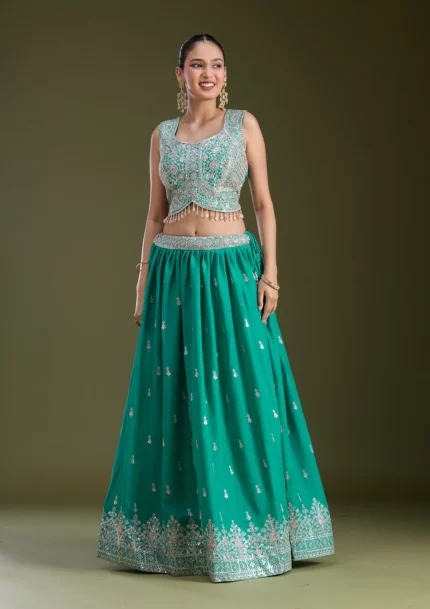 Sea Green Zariwork (Silver) Soft Raw Silk Readymade Lehenga
