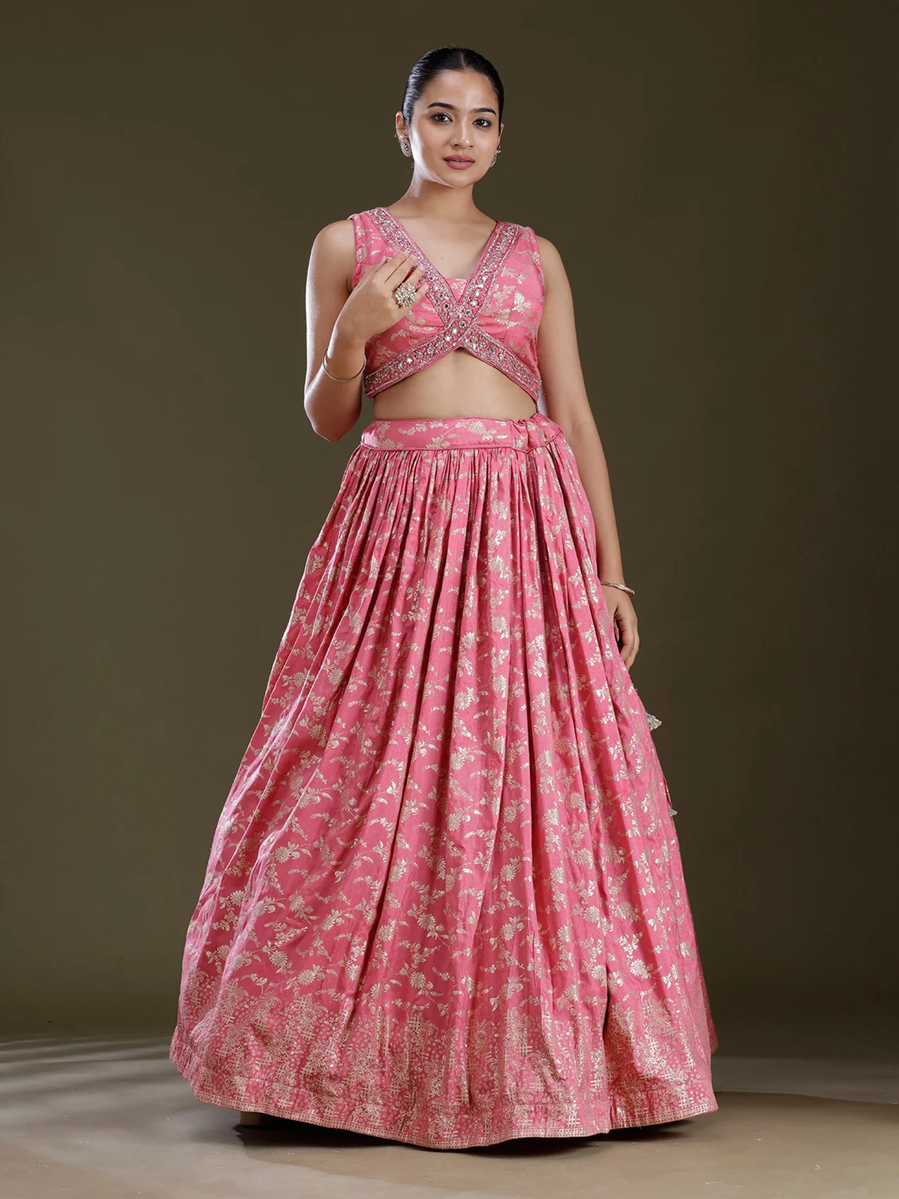 Onion Pink Sequins Soft Raw Silk Readymade Lehenga - Image 4