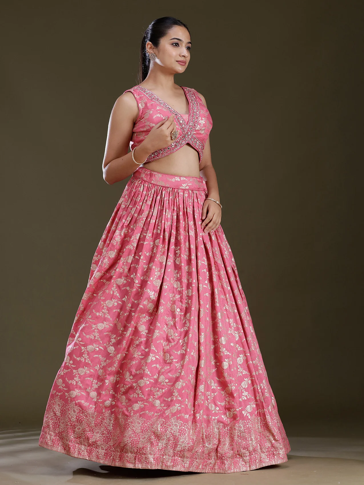 Onion Pink Sequins Soft Raw Silk Readymade Lehenga - Image 5
