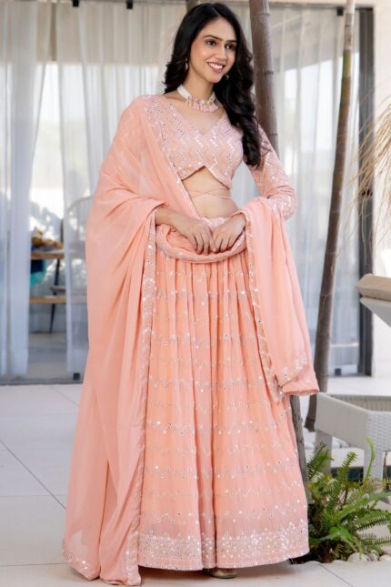 Peach Georgette Mirror Work Lehenga Set
