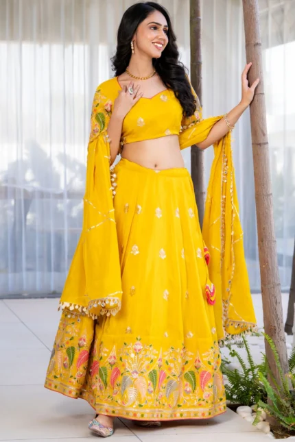 Yellow Tissue Zari & Floral Embroidered Lehenga Set