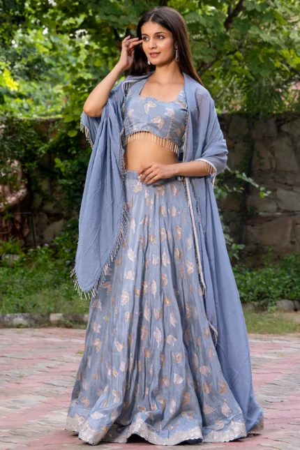 Grey Upada Silk Butterfly Lehenga Set