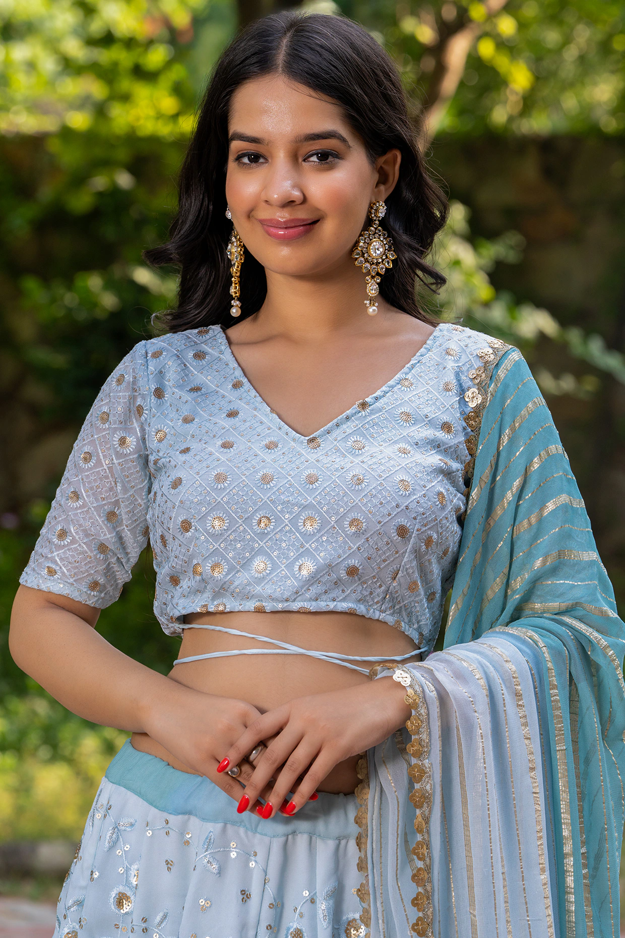 Ocean Blue Georgette Embellished Kalidar Lehenga Set - Image 5