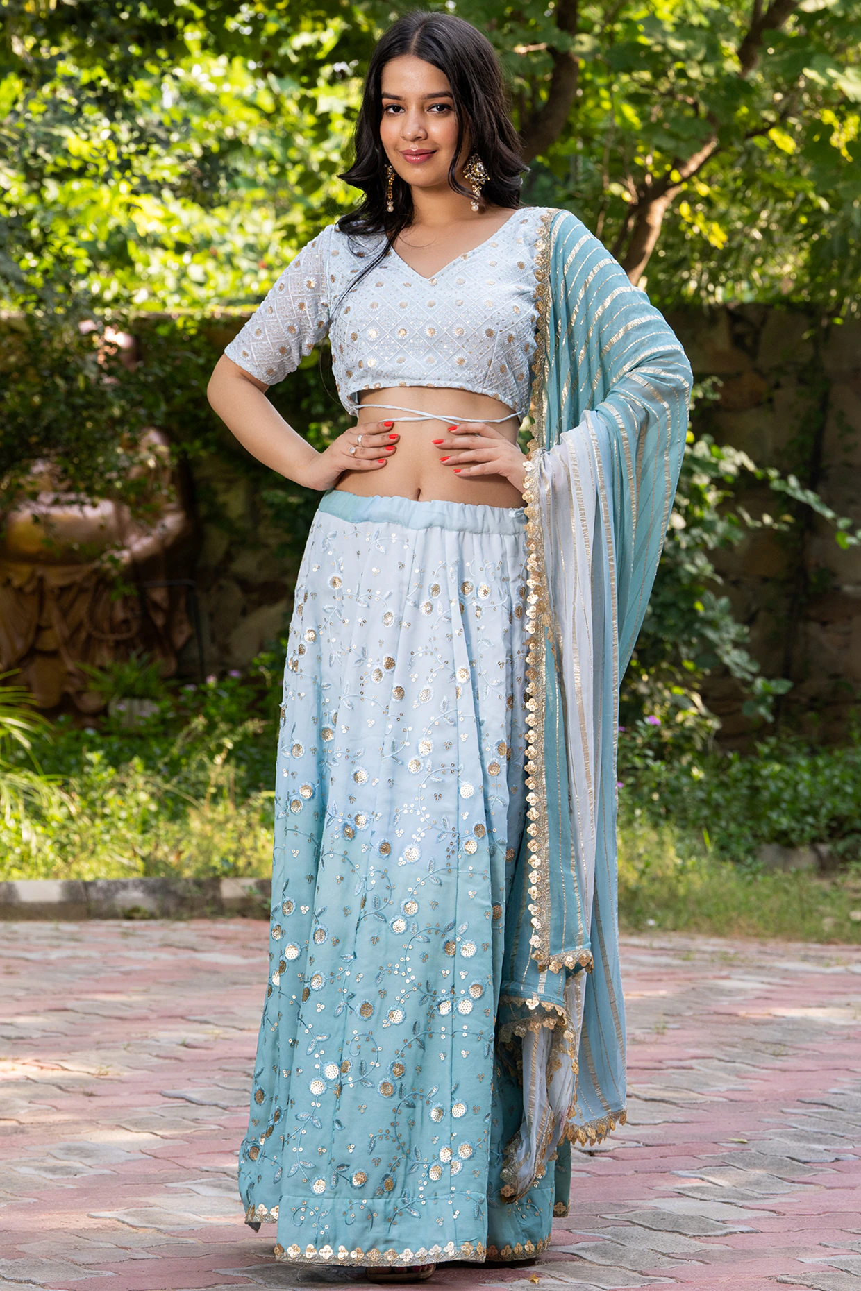 Ocean Blue Georgette Embellished Kalidar Lehenga Set - Image 6