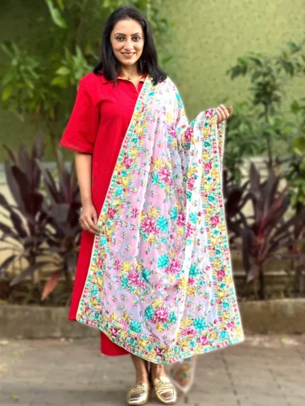 Floral Embroidered White & Multi Georgette Dupatta