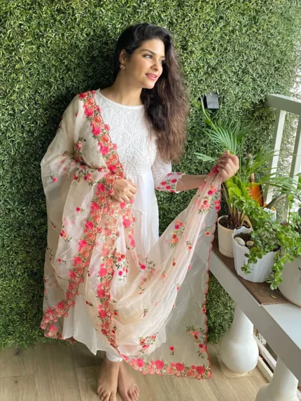 Organza Dupatta with Multicolor Floral Embroidery