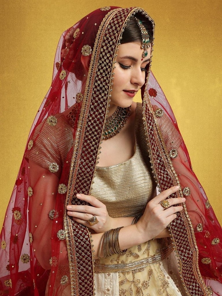 Embroidered Maroon Bridal & Wedding Wear Net Dupatta - Image 7