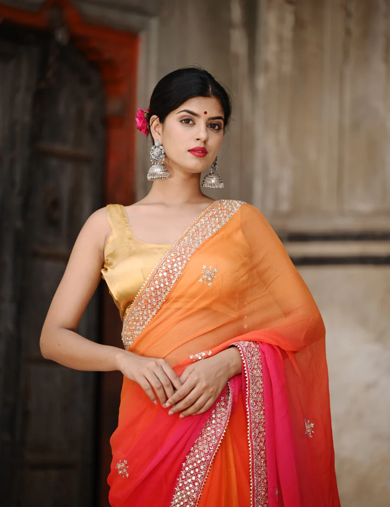 Orange Multiheaded Beauty Pageant Chiffon Saree - Image 6