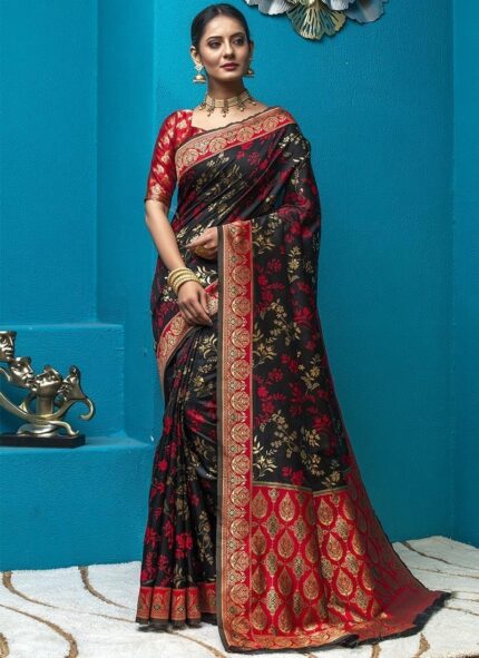 Black Banarasi Silk Jacquard Woven Traditional Saree Festive Wear
