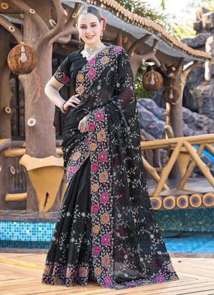 Black Organza Floral Embroidered Sequins Stone Embossed Saree Festive Wear