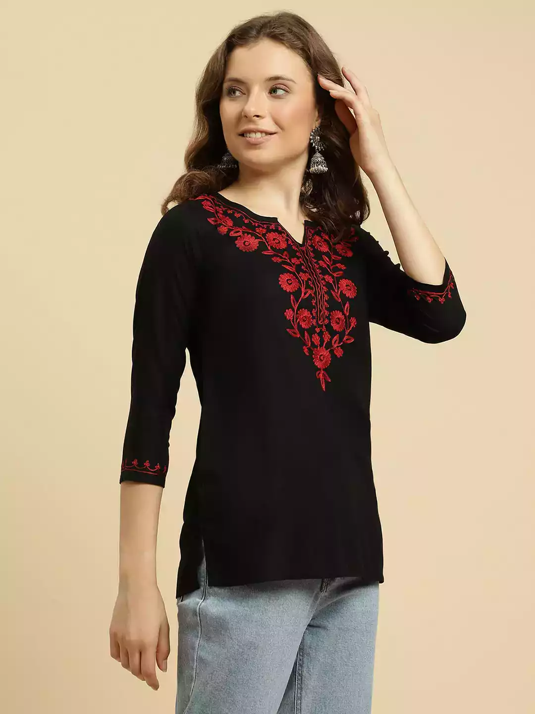 Black Kashmiri Silk Work Short Kurti - Image 2