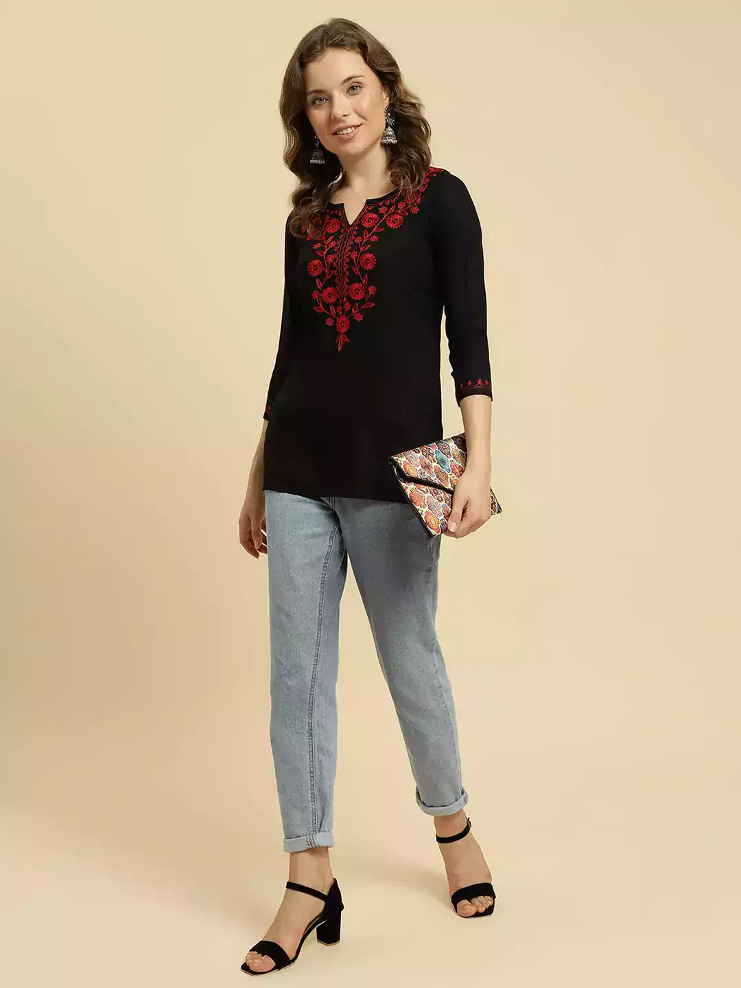 Black Kashmiri Silk Work Short Kurti - Image 3