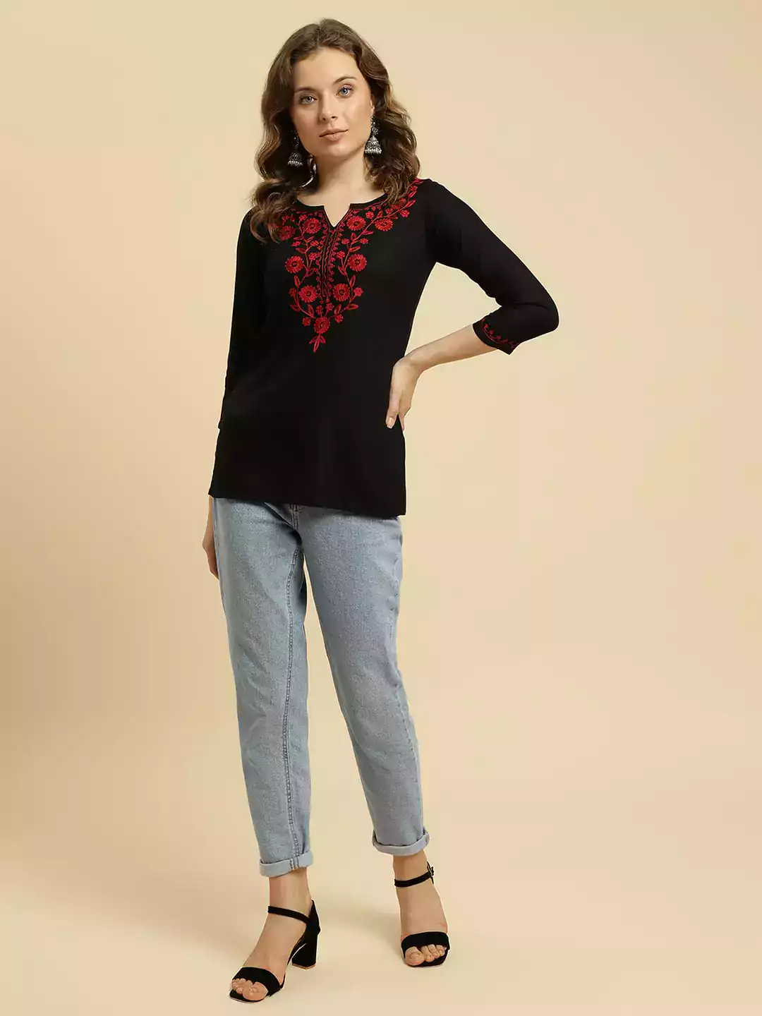Black Kashmiri Silk Work Short Kurti - Image 4