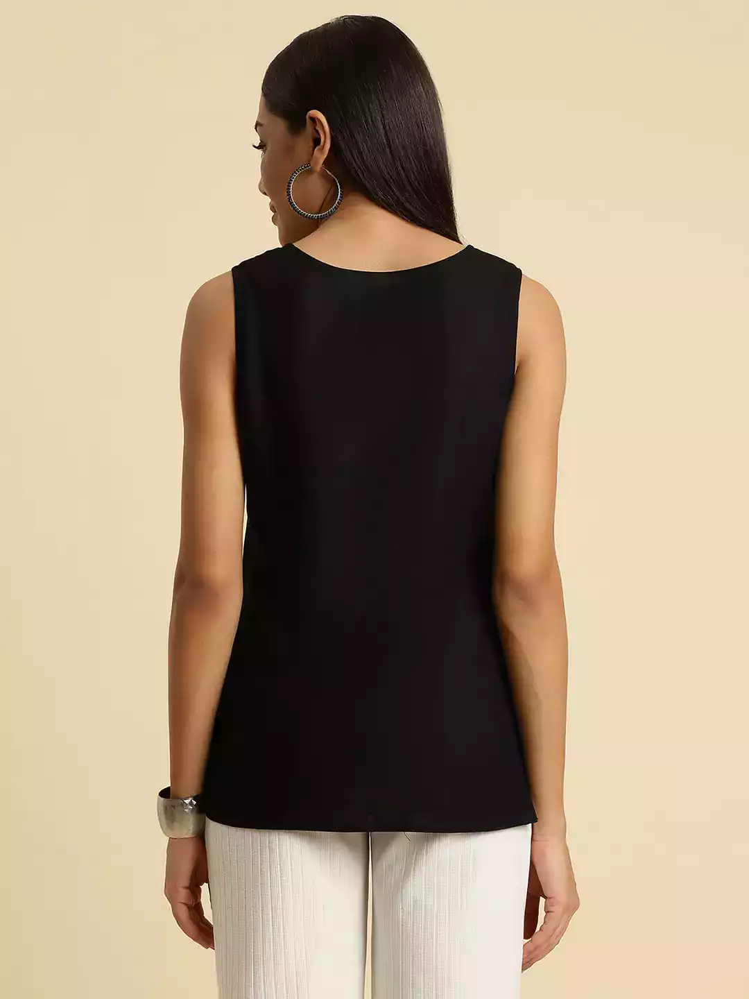 Black Self-Embroidered Sleeveless Short Kurti - Image 3