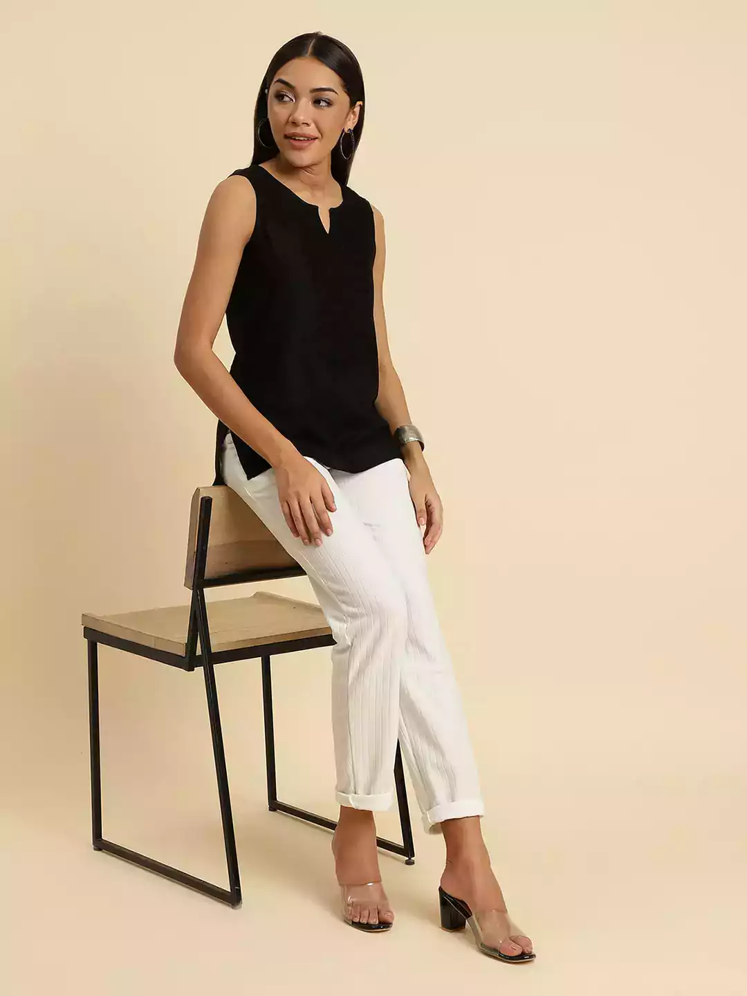 Black Self-Embroidered Sleeveless Short Kurti - Image 5