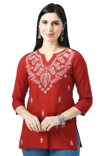Red Chikankari Short Kurti