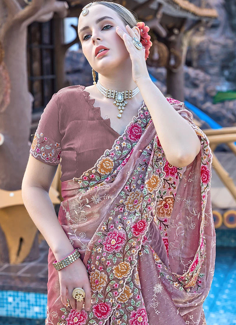 Lavender Organza Floral Embroidered Sequins Stone Embossed Saree Festive Wear - Image 2