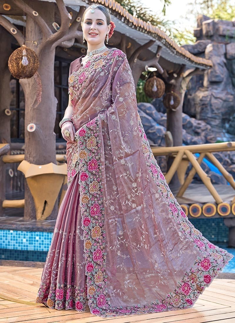 Lavender Organza Floral Embroidered Sequins Stone Embossed Saree Festive Wear