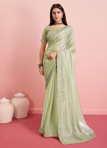 Green Organza Embroidered Sequins Border Saree For Women Party Wear