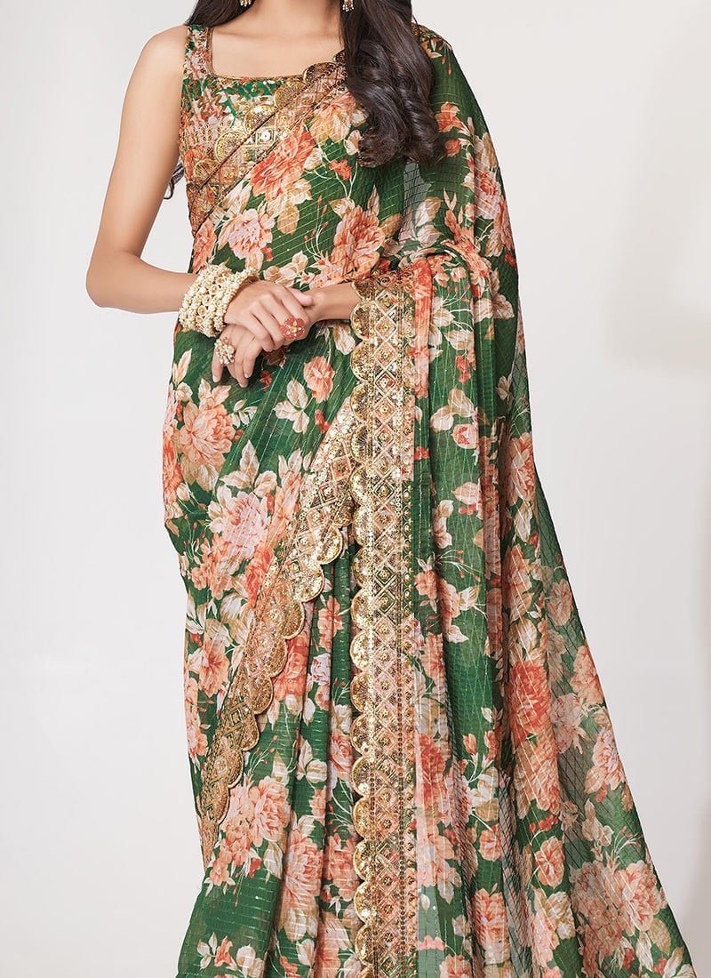 Green Organza Printed N Sequins Work Saree Party Wear - Image 3